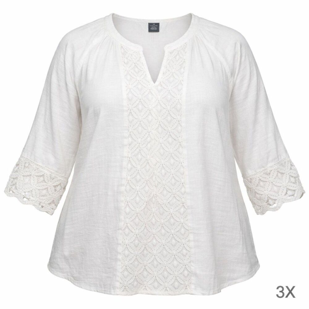 New Directions Womens Blouse 3X Ivory Lace Boho Peasant Top Plus Size